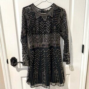 Katrina Grimaldi Black Long Sleeve Geometric Hand-Beaded Mini Cocktail Dress